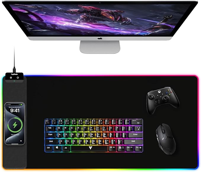 TopMade Mouse Pad with Wireless Charging, 31.5" x 15.75" Large Desk Mat RGB Gaming Mousepad, LED Desk Pad Keyboard Pad with Ultra-Smooth Surface & Non-Slip Rubber Base, Waterproof Desk Pad