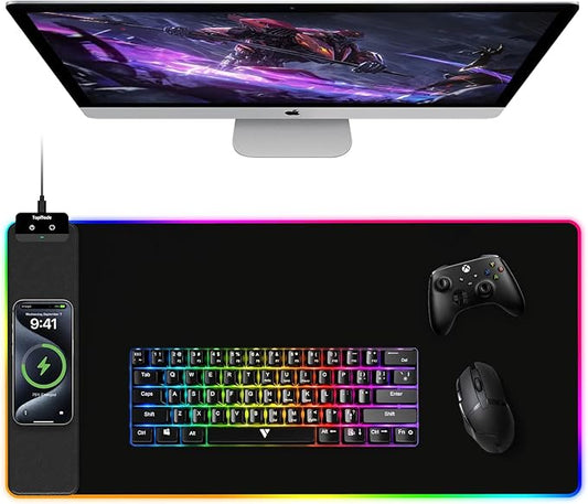 TopMade Mouse Pad with Wireless Charging, 31.5" x 15.75" Large Desk Mat RGB Gaming Mousepad, LED Desk Pad Keyboard Pad with Ultra-Smooth Surface & Non-Slip Rubber Base, Waterproof Desk Pad