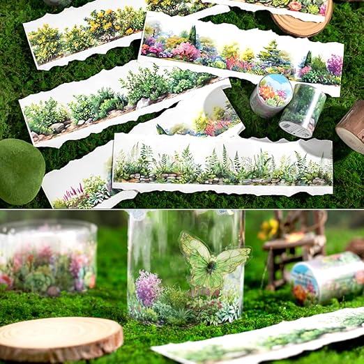 6 Rolls Colorful Floral Washi Tape Set Spring Plant Landscape Scrapbook Tape Vintage Flower Stickers for Journaling Supplies Transparent PET Washi Tapes Junk Journal Scrapbooking Craft Decorative Tape