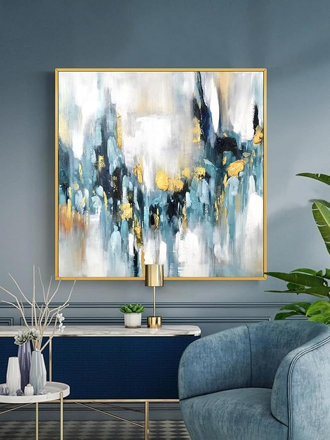 Large Blue and Gold Abstract Wall Art for Office. Hand-Painted Abstract Oil Painting for Living Room. Framed Blue Wall Painting Contemporary for Bedroom Home Decoration Ready to Hand 40x40inches