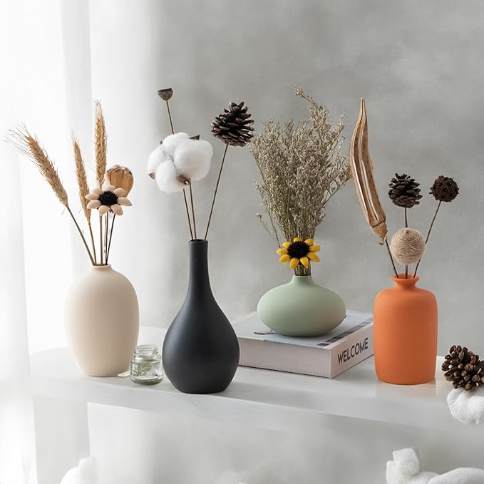 Small Ceramic Vase Set of 4 for Modern Home Decor, Minimalist Bohemian, Round Matte Vases for Dried Flowers&Pampas Grass, Office, Shelf, Living Room, Bedroom, Entryway Decor