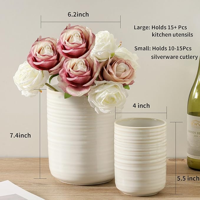 HASENSE Cooking Utensil Holder, 7.4"+5.5" Ceramic Kitchen Utensil Holder for Counter, Rustic Utensil Oganizer Crocks for Spatula, Kitchen Gift for Christmas Wedding, Set of 2, Clay-Infused White