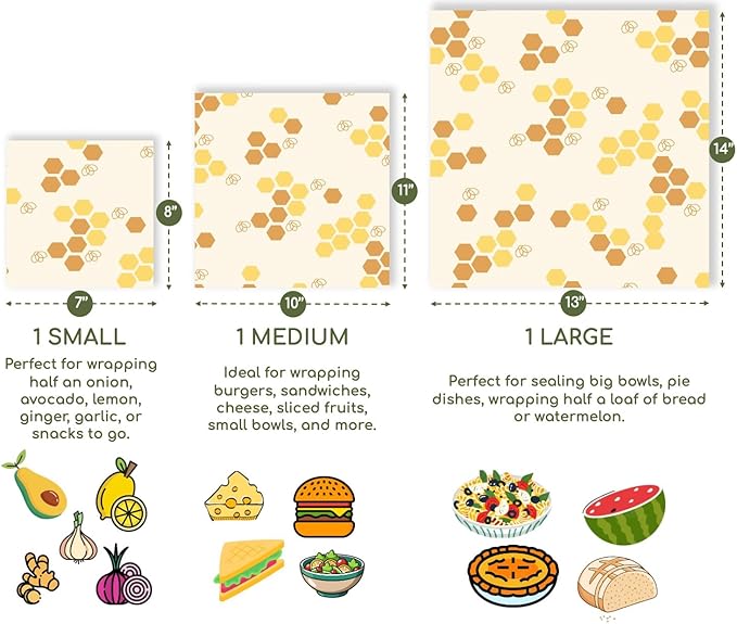 Truebee Reusable Beeswax Food Wraps 3-Pack – Non Toxic, Plastic Free, Silicone Free, Sustainable, Environmentally Friendly, Organic Cotton Beeswax Wraps (S, M, L), Signature Design