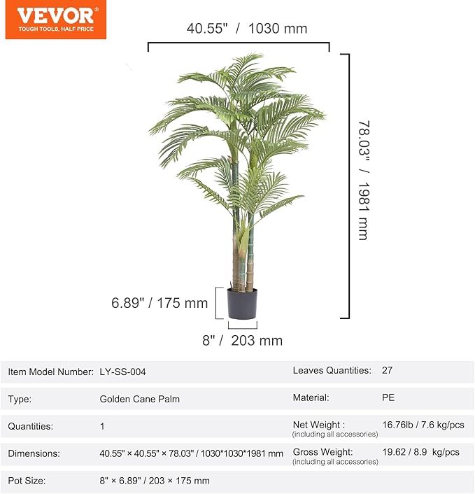 VEVOR Artificial Golden Cane Palm Tree, 6.5 FT Tall Faux Plant, PE Material & Anti-Tip Tilt Protection Low-Maintenance Plant, Lifelike Green Fake Tree for Home Office Warehouse Decor Indoor Outdoor