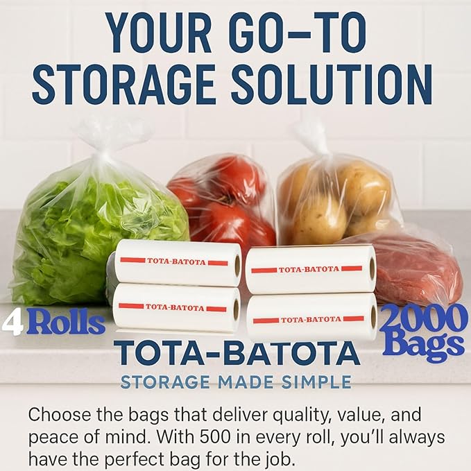 Plastic Produce Bags on Rolls – 2000 Count (4 Rolls), 10x15 in, Clear Food Storage Bags with Easy Tear Red Line, for Fruits, Vegetables, Meat, Freezer, Grocery & Commercial Use, TOTA-BATOTA