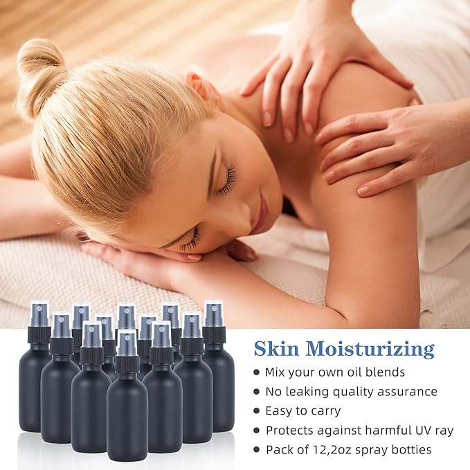 2oz Glass Spray Bottle, Fine Mist Boston Glass Bottles with Black Fine Mist Sprayer Small Clear Bottles for Essential Oils, Bath, Beauty, Hair & Cleaning, Black, Pack of 12