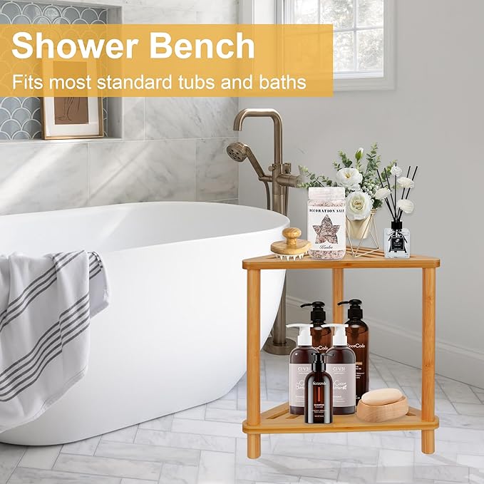 Bamboo Corner Shower Stool for Inside Shower Shaving Legs, Waterproof Bathroom Bench Seat with Storage Shelf for Small Spaces, Foot Rest, Bath Seat