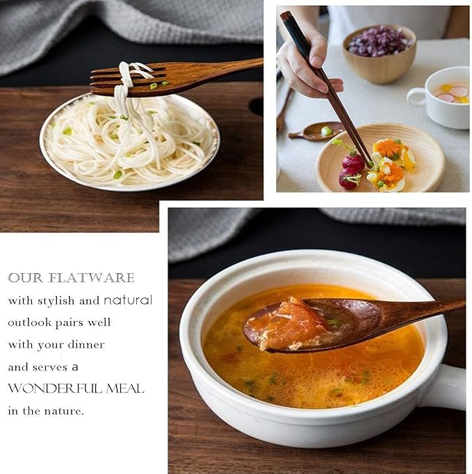 Wooden Utensils for Eating wooden cutlery set with Updated case Reusable 9 Pcs Travel Utensils Wooden Bamboo Fork and Spoon Set Wood Flatware Set for Eating with Knife Fork Spoon Chopsticks