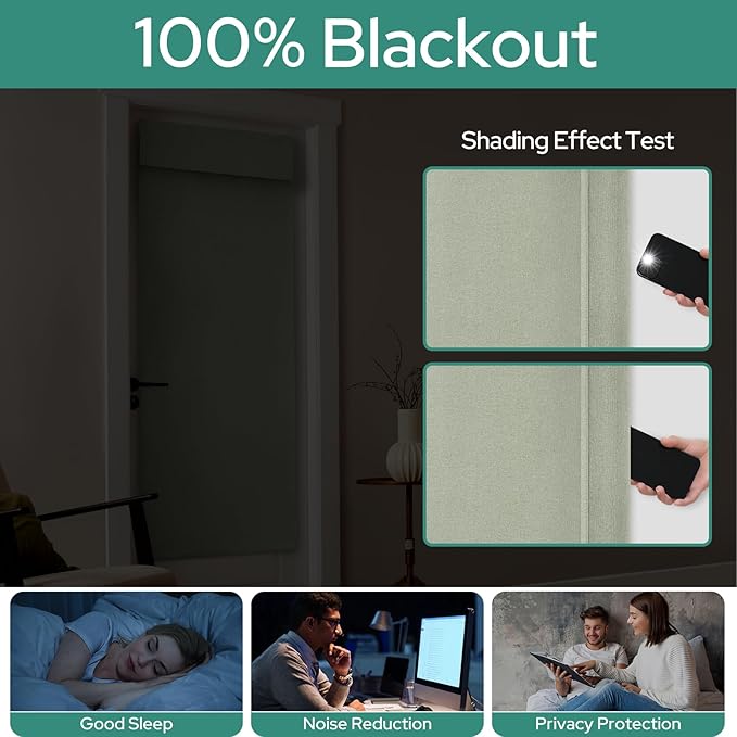 HOMEIDEAS 100% Linen Blackout French Door Curtains, Privacy Door Window Curtains, 26 X 68 Inch Room Darkening Blinds, Thermal Insulated Shades for Bedroom, 1 Panel, Sage Green