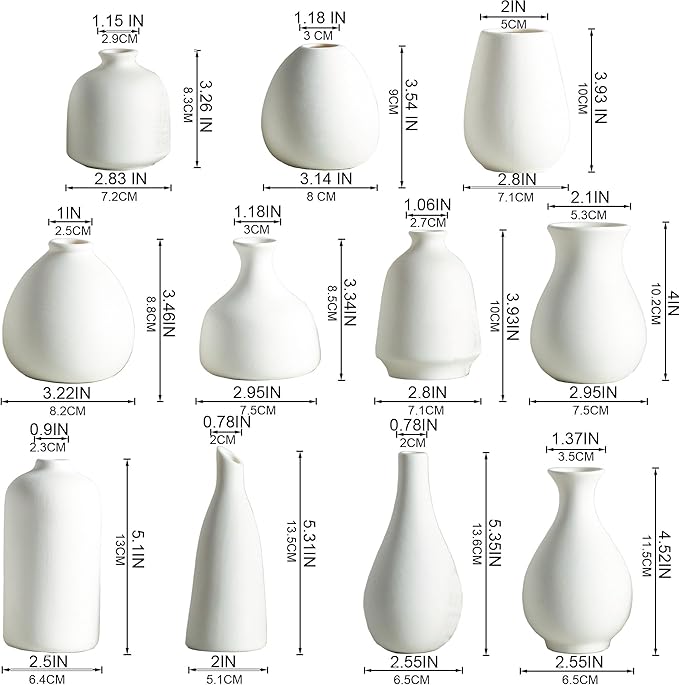 White Ceramic Bud Vase Set of 11, Small Vases for Pampas Grass, Flowers, Mini Vases for Modern Home Decor, Minimalist Decor, for Living Room, Dining Table & Shelves