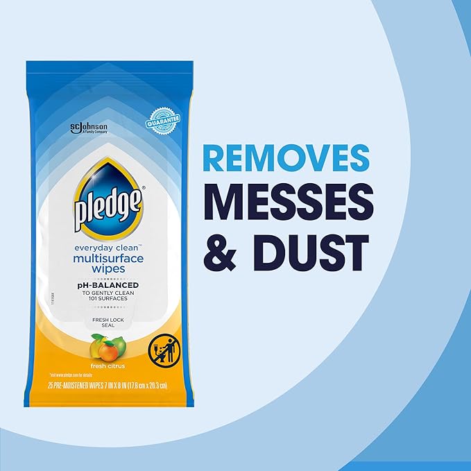 Pledge Multisurface Cleaning Wipes, pH Balanced, Fresh Citrus, 25 Count (Pack of 4, 100 Total Wipes)