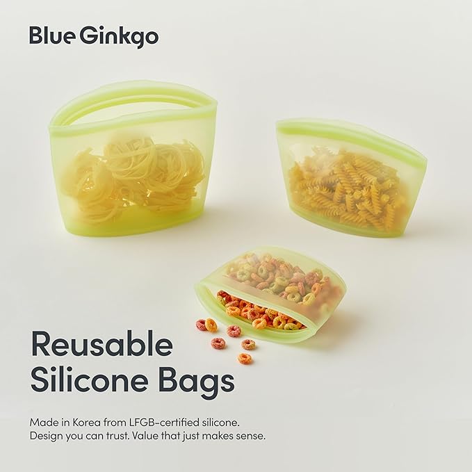 Blue Ginkgo Reusable Silicone Storage Bags – 4-Pack | Korean-Made Stand Up Food, Freezer Bags - Olive Green