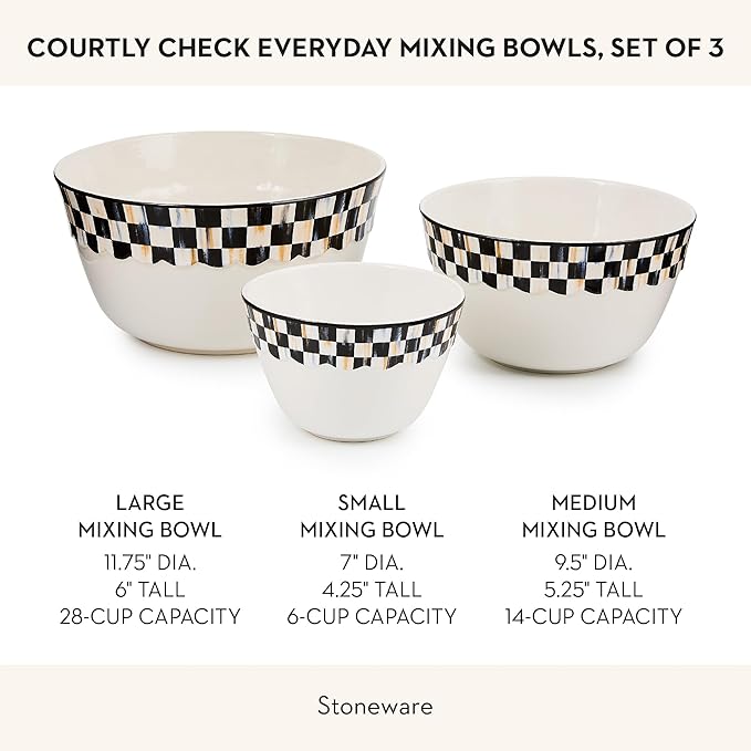 MACKENZIE-CHILDS Set of 3 Everyday Mixing Bowls, Small, Medium, and Large Stoneware Bowls for Kitchen Use, Black-and-White Courtly Check