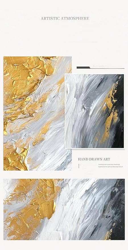 Hand-Painted Black and White Abstract Oil Painting on Canvas for Entrance-Hall, Framed Gold Wall Art for Living Room,Large 3D Wall Picture for Bedroom Kitchen Home Decoration 24x48inch