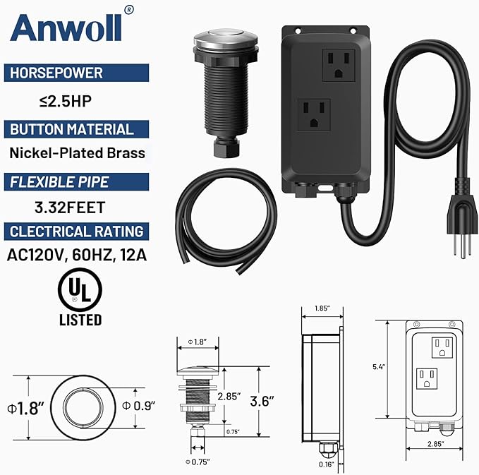 Garbage Disposal Air Switch Kit -Professional- Dual Outlet, Sink Top Waste Disposer On/Off, Garbage Disposal Button, UL Listed