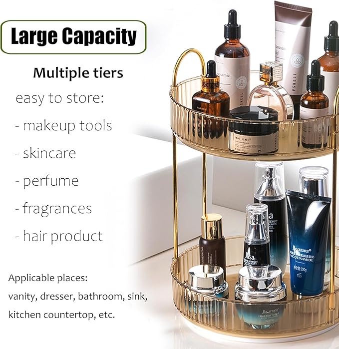 Rotating Makeup Organizer Countertop 2 Tier Lazy Susan Trays Clear Skincare Perfume Storage for Bathroom Counter Vanity, Amber Gold