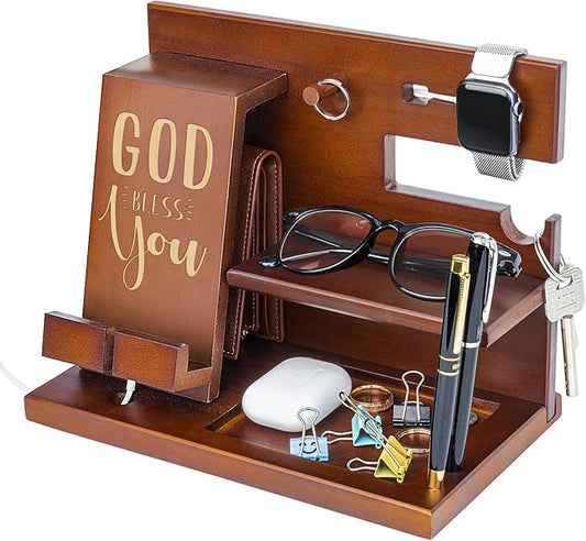 awofer Customized Wood Phone Docking Station, Personalized Bible Verse Praying Religious Gifts for Men, Multiple Styles