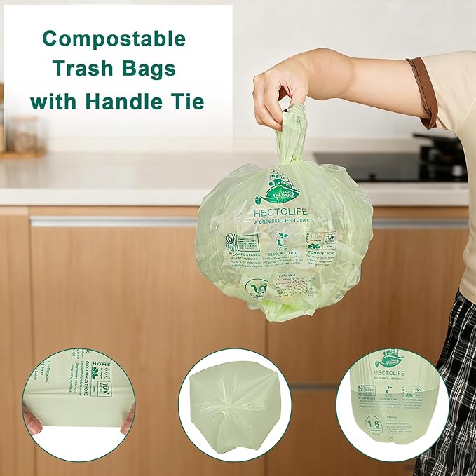 1.6 Gallon 100 Count,Compostable Bags Handle Tie,Tear Resistant Kitchen Food Scrap Waste Bag, ASTM D6400, US BPI and Europe OK Compost Home Certified