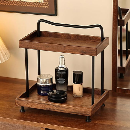 2-Tier Bathroom Counter Organizer,Wood Countertop Organizer for Storage,Makeup Organizer Cosmetics Storage Display Rack,Counter Shelf for Bathroom Organization(Wood & Black)