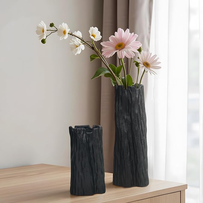 Black Matte Ceramic Vase, Organic Nature Shape, 10.7 Inch Boho Nordic Ins Style Decorative Flowers Vase, Living Room Bedroom Entryway Minimalist Centerpiece Decor, Birthday Gifts for Women