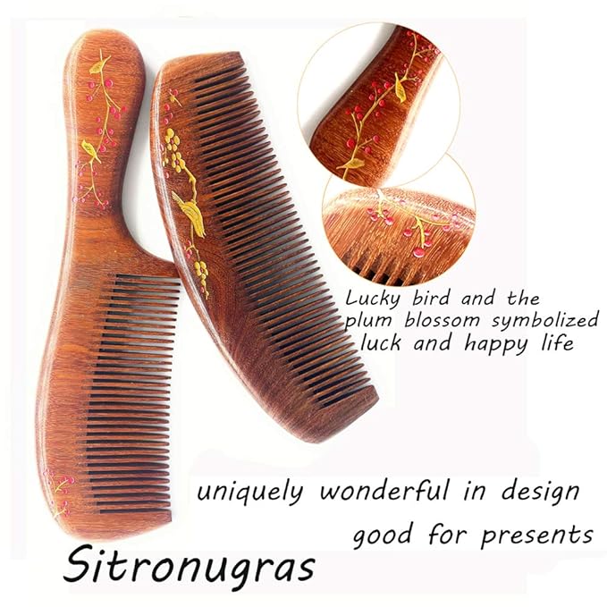Handmade Wooden and Natural Sandalwood Combs Set - Detangling Fine Tooth Comb with Handle for Women, Anti Static Moon Shape Comb for Straight, Wavy, Dry, Thick or Fine Hair