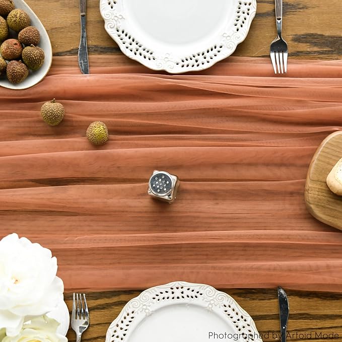 Artoid Mode 6PCS Terracotta Gauze Table Runner 120 Inch 10FT, Seasonal Sheer Kitchen Dining Holiday Wedding Birthday Baby Shower Table Decor for Home Party