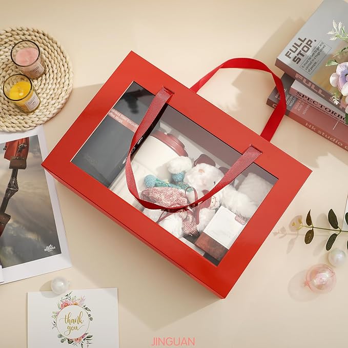Large Red Clear Gift Box, 13.5x9x4.1 Inches, With Window & Handle, Magnetic Closure, Suitable for Various Occasions