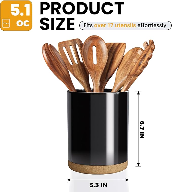 Ceramic Kitchen Utensil Holder for Countertop, Modern Crock with Non-Slip Cork Base, Counter Organizer for Cooking Tools 、Black