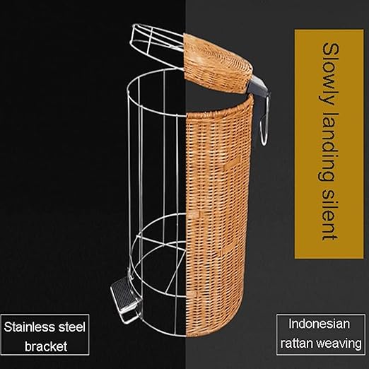 CUTMKGK Rattan Round Foot Pedal Trash Can with Lid,Kitchen Wicker Garbage Can Bedroom Retro Office Silent Handwoven Wastebasket (Brown,5L)