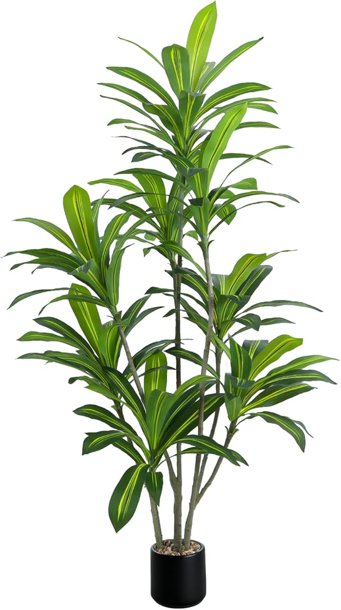 6FT Artificial Dracaena Tree, Faux Dracaena Plant with Stones in Black Round Planter, Tall Fake Floor Plant for Indoor Home Office Living Room Decor