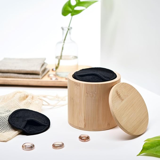 18 Pack Reusable Cotton Rounds for Makeup Removal with Bamboo Holder and Mesh Storage Bag (Black)