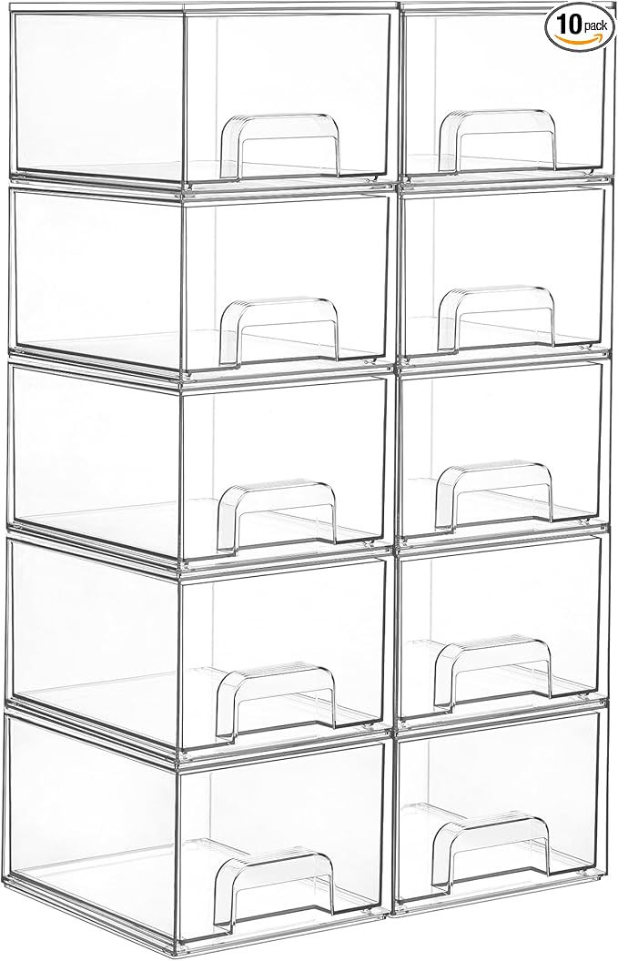 Vtopmart 10 Pack Clear Small Stackable Storage Drawers,Acrylic Bathroom Makeup Organizer,Plastic Storage Bins For Vanity, Undersink, Kitchen Cabinets, Pantry, Home Organization