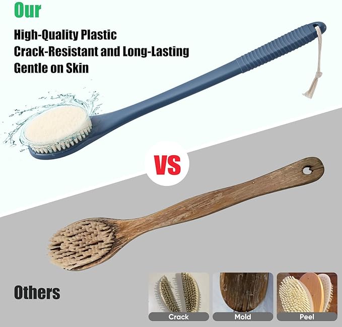 17-Inch Back Scrubber for Shower, Anti-Slip Exfoliating Body Brush for Bath, Gentle Back Brush for Shower for Men, and Women, Cleaning Skin for Smooth, Glowing Skin (Blue)