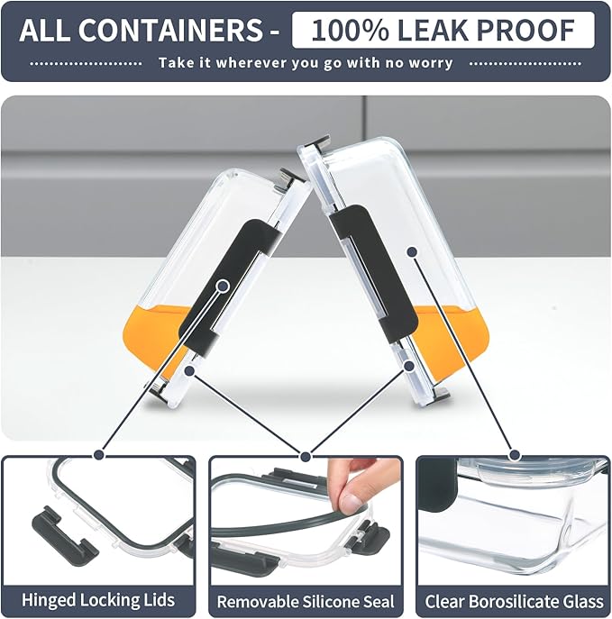 6 Pack Glass Meal Prep Containers, Food Storage Containers, Airtight Bento Boxes with Leak Proof Lids, Freezer to Microwave Safe