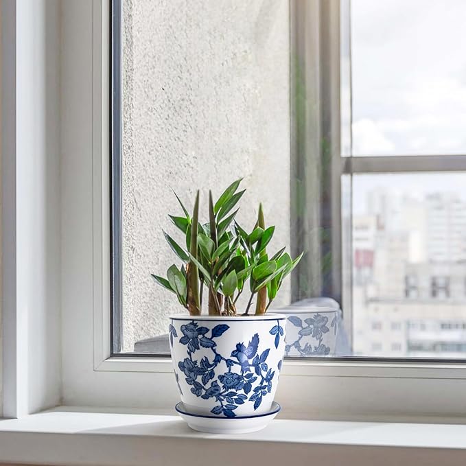 8 inch Ceramic Flower Pots, Chinoiserie Decor Ceramic Planter Plant Pots for Indoor Plants with Drainage and Saucer, Blue and White
