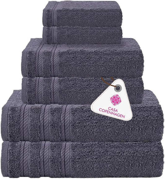 CASA COPENHAGEN Bella 6 Pieces Towel Set- Pinstripe Grey, 600 GSM 2 Bath Towel 2 Hand Towel 2 Washcloth, Designed in Denmark Made of Soft Egyptian Cotton for Bathroom, Kitchen & Shower