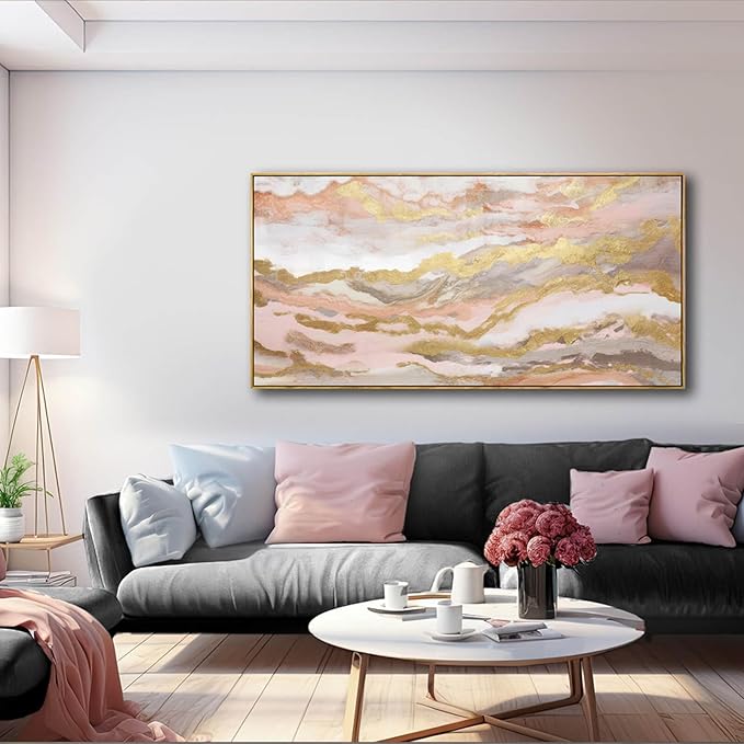 YJYart Canvas Wall Art Gold Living Room Decor Pink Canvas Art Room Decor for Teen Girls Home Decor Abstract Paintings for Bedroom Office Kitchen 24"x 48"