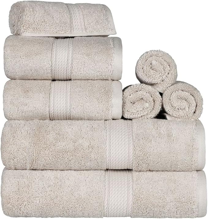BLUENILEMILLS Madison Egyptian Cotton Towels, Towel Set for Bathroom, Shower, Hotel, Plush, 900 GSM, Highly Absorbent and Ultra-Soft Towels, Bath Essentials, 8 Piece Assorted Towel Set, Stone