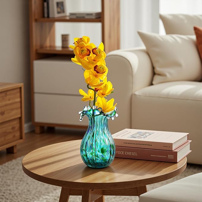 Green Glass Bubble Vase for Flowers, 8.5" Blown Glass Vase for Home Decor, Modern Art Flower Vases Decorative | Table Centerpiece, Olive Plant, Wedding, Living Room, Bookshelf, Office, Entryway