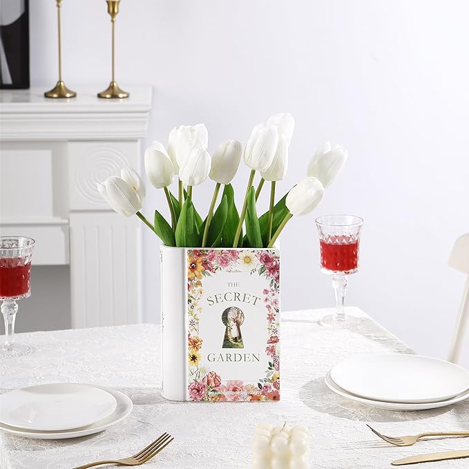 Ceramic Book Vase, Book Vase for Flowers, Ceramic Book Shaped Vase, Book Flower Vases White, Large Ceramic Vases for Home, Office, Bedroom, Living Room, Dining Table(Garden)