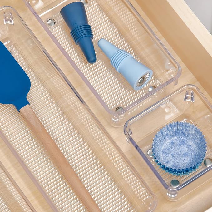 iDesign Linus Plastic Kitchen Drawer Organizer for Silverware, Spatulas, Cutlery, Gadgets, Office Supplies, Cosmetics, 4" x 8" x 3" - Clear