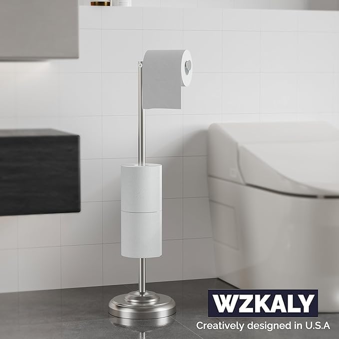 Toilet Paper Holder Stand with Storage – 4 Extra Rolls –Brushed Nickel Toilet Paper Holder for Bathroom – Sturdy Base, Classic Retro Style, Space-Saving Bathroom Storage Organizer, Sliver