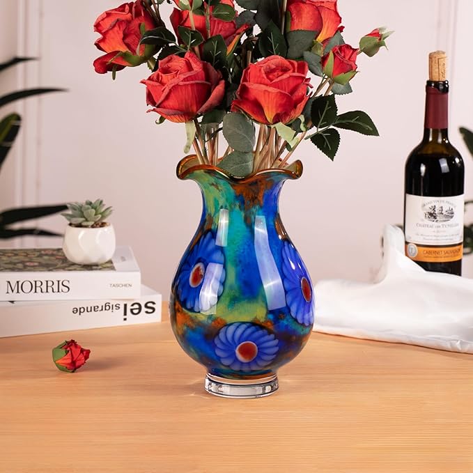 KAMMAK Colored Glass Vase, Beautiful Hand Blown Decorative Vase, Modern Art Vase for Flower Mantle Dining Table Centerpiece, Entryway Living Room Wedding Decoration, FH024