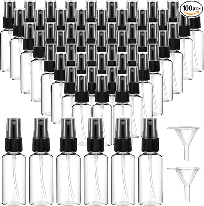 SHENLIU 100 Pcs Mini Clear Spray Bottles 1 oz Plastic Empty Travel Bottle Fine Mist Small Spray Containers with 2 Pcs Funnels Refillable Liquid Travel Containers for Perfume Skin Toner Essential Oils