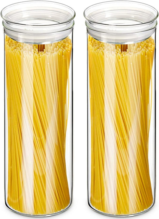 ZENS Glass Spaghetti Pasta Storage Container with Lids Set of 2, 65oz Tall Clear Airtight Food Storage Jar Canisters for Kitchen Pantry Noodles Flour Cereal Coffee Beans