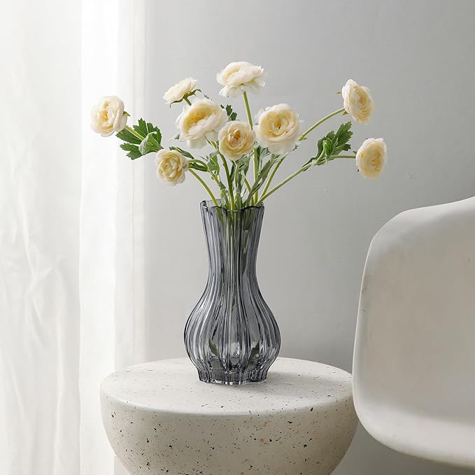 8" Decorative Modern Flower Vase with Twine Rope for Floral Arrangements, Wide Mouth Large Clear Glass Vase for Bouquet(Transparent) (Grey, 01)