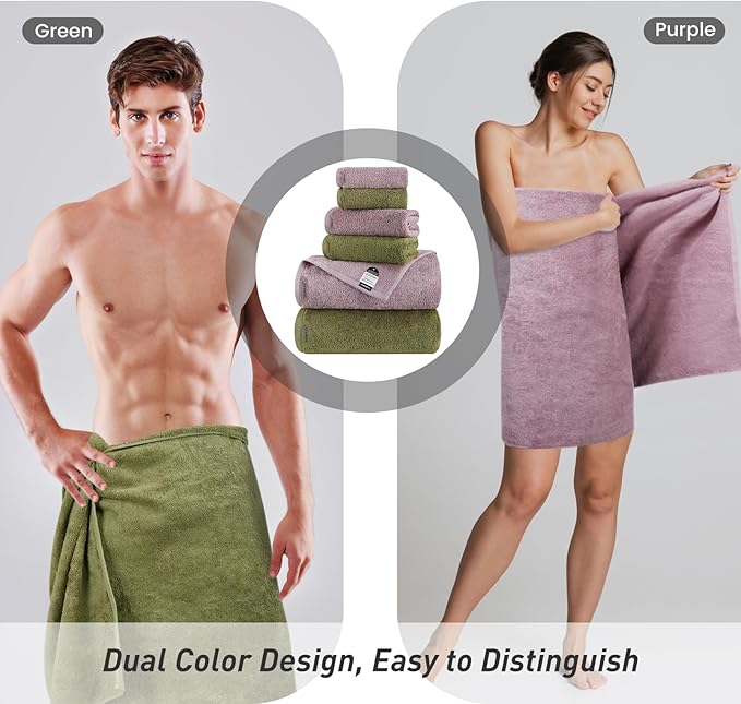 SEMAXE 12-Piece Mixed Color Towel Set (Green, Purple) - 100% Cotton, Lightweight, Absorbent, Quick-Drying Bathroom Towel, Ideal for Couples and Gifts, Bath Towel, Hand Towel, and Washcloth Per Color