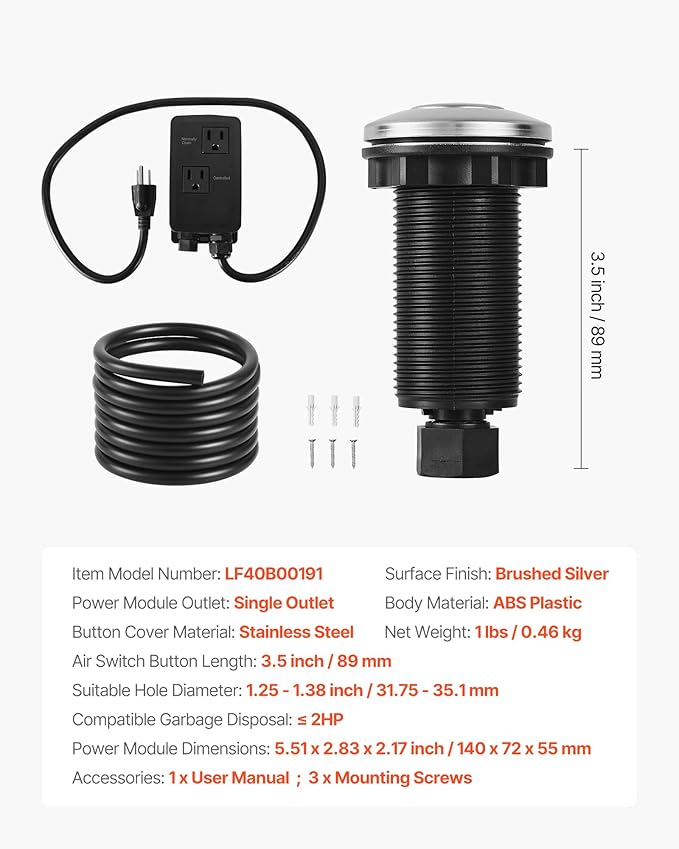 VEVOR Garbage Disposal Air Switch Kit, Dual Outlet Sink Top Air Switch for Food Waste Disposal, 3.5-inch Long Brushed Silver Stainless Steel ON/OFF Air Button for Granite, Marble, Quartz Countertops