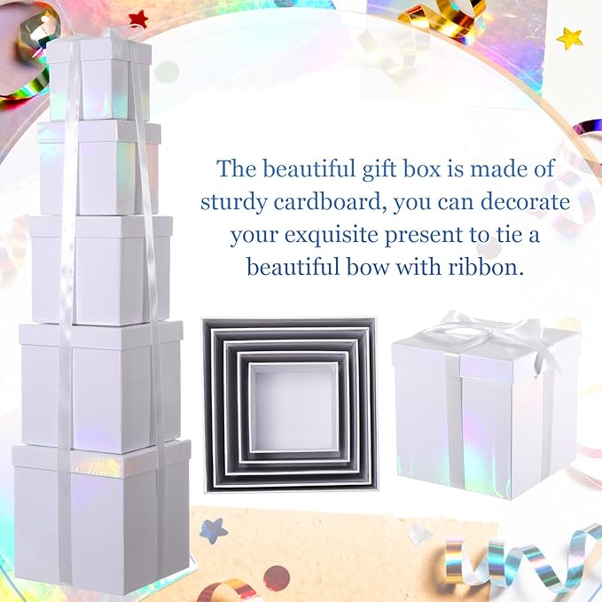 Cholemy 5 Pcs Square Nesting Boxes Decorative Gift Boxes with Lid and Ribbon Assorted Sizes Wrap for Wedding, Thanksgiving, Christmas, Anniversary, Birthday, Bridal Party(Iridescent)