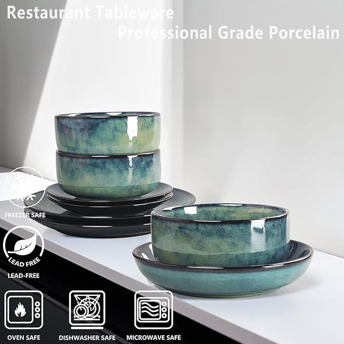 Ceramic Dinnerware (16 pcs) Serve 4 people, Plates and Bowls Sets, Reactive Glaze Dishes Set, Chip Resistant and Scratch Resistant, Dishwasher Microwave Safe, Suitable for dinner, parties